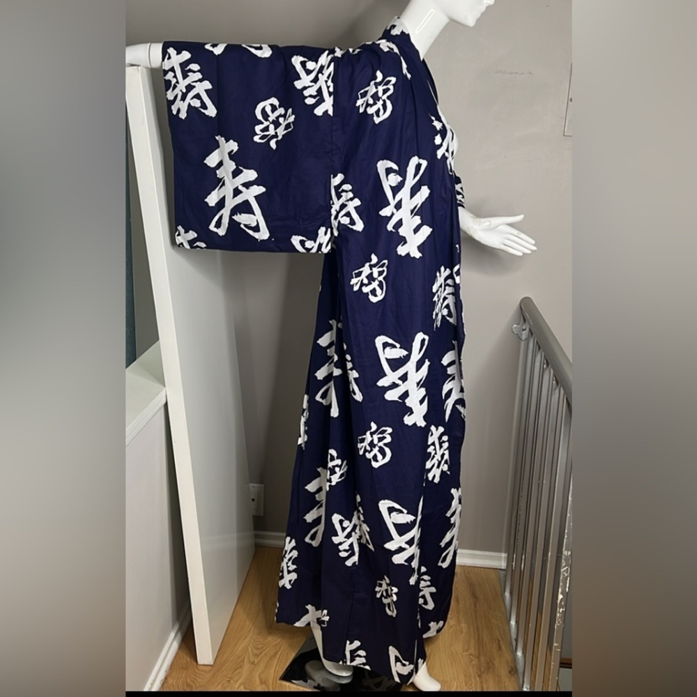 Japanese 100% Cotton Yukata Kimono Robe Full Length Navy White - New